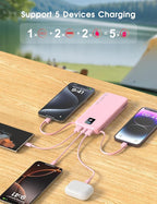 Portable Charger, 12000mAh 22.5W Fast Charging Power Bank with Built-in Cables & Wall Plug, Travel Essential Battery Pack with LED Display, USB C Battery Phone Charger for iPhone, iPad, Samsung Pink