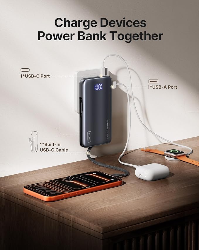 INIU 3-in-1 Portable Charger, 45W 10000mAh Fast Charging Power Bank, Built-in USB C Cable & Foldable Wall Plug, Travel Essentials, Battery Pack for iPhone 17 16 15 Series, Samsung, MacBook, etc. Pink