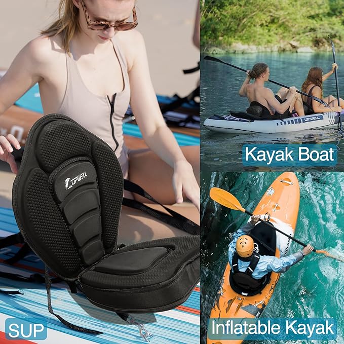 UPWELL Universal Kayak Seat with Detachable Storage Bag & 4 Adjustable Strap, Paddle Board Seat with Memory Foam Padded and Backrest for Kayak, Canoe, Sup