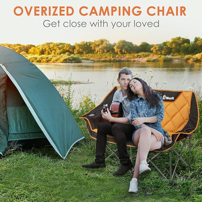 EMERIT Oversized Double Duo Camping Chair Folding Camping Loveseat 2 Person Camping Couch Heavy Duty Lawn Chairs for Outside with Padded Seats & Armrests-Support 650LBS