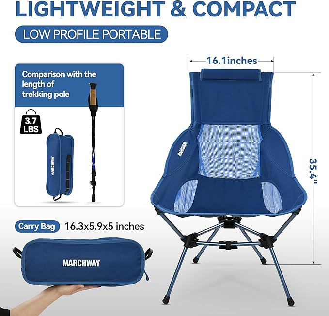 MARCHWAY Lightweight Folding High Back Camping Chair with Head Support, Stable Portable Compact for Outdoor Camp, Travel, Beach, Picnic, Festival, Hiking, Backpacking (Highback Dark Blue)