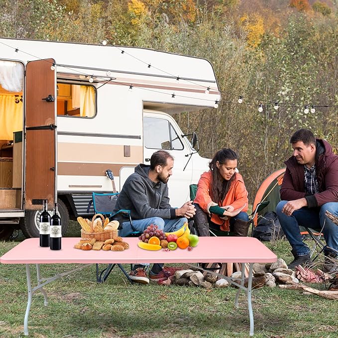 8 FT Folding Table with Carry Handle, Portable Fold-in-Half Plastic Table, Rectangle Foldable Table for Indoor/Outdoor Pink