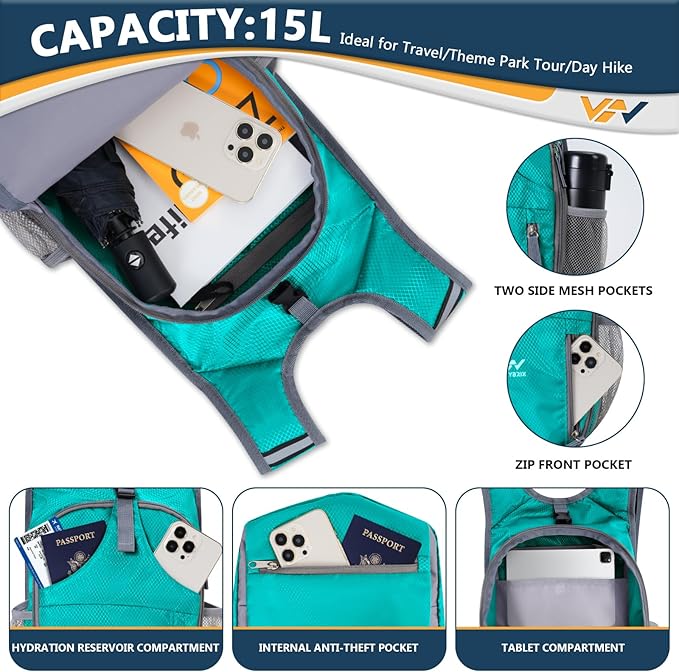 15L Hiking Backpack - Small Lightweight Packable Daypack Travel Outdoor Foldable Shoulder Bag Camping Hiking Backpack for Women Men - Green