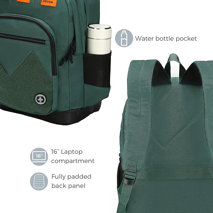 Swissdigital Design Big Student Laptop Backpack with Fun Personalized Patches For College Boy & Girl, Middle High School Teen Bookbag Cool Travel Daypack Green - Includes 3 Patches | SD1718-22