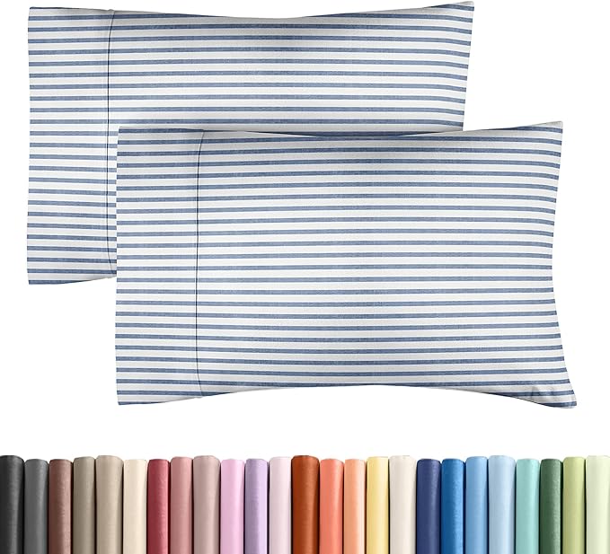 Queen Pillow Cases Set of 2 - Ultra Soft Hotel Quality Pillowcase Covers - Comfy Cozy Bedding for Women, Men, Kids & Teens - Machine Washable Pillow Protectors - 2 Pieces Set - Queen Size Blue Stripes
