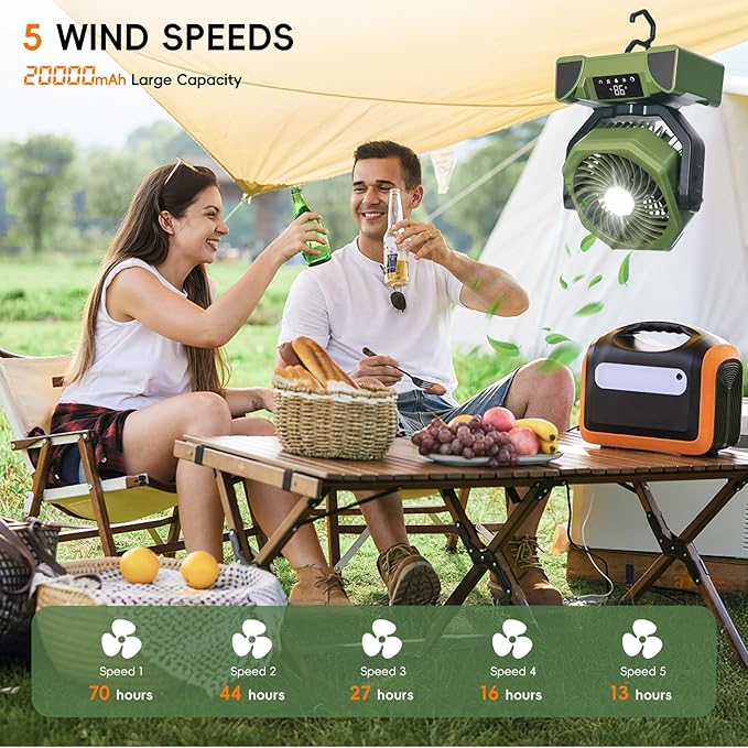 20000mAh Portable Camping Fan, Rechargeable Battery Powered Fan with Remote Control & Oscillating, LED Display, Light, Timer, Rotation, Hanging Hook for Outdoor Camp, Beach, Travel Tent