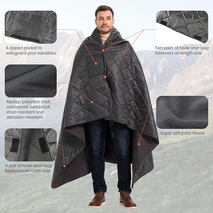4-in-1 Large Outdoor Blanket - Waterproof & Windproof Thickened Warm Fleece Camping Blanket for Stadium, Hiking, Sporting Events - 81"x57", Packable (Dark Gray)