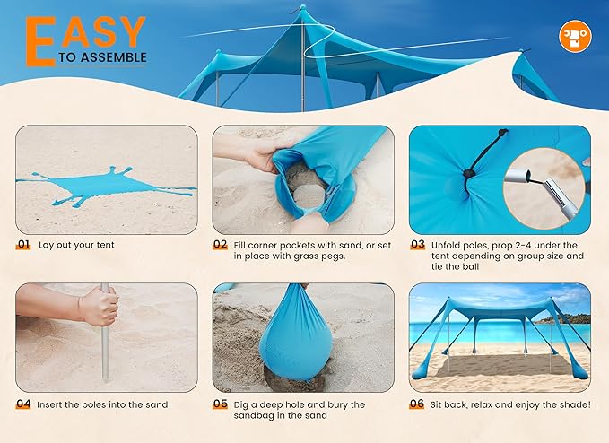 Beach Tent Sun Shelter, Portable Sun Canopy UPF50+ Outdoor Shade with 4 Stability Poles and 8 Sandbags, 10 x 10ft, Sand Shovel, Ground Pegs and Carry Bag for Beach, Camping, Fishing, Picnics