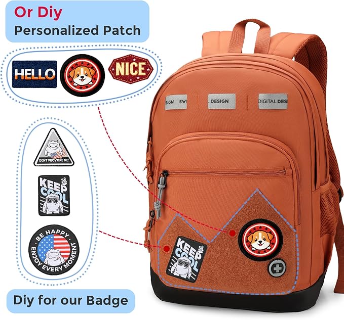 Swissdigital Design Big Student Laptop Backpack with Fun Personalized Patches For College Boy & Girl, Middle High School Teen Bookbag Cool Travel Daypack Orange - Includes 3 Patches | SD1718-33