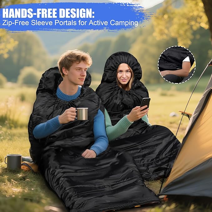 Adjustable Height Sleeping Bag for Adults - Wearable 3-Season Lightweight Waterproof with Arm Ports & Windproof Hood Design for Camping Hiking Backpacking(31.5“x87”)