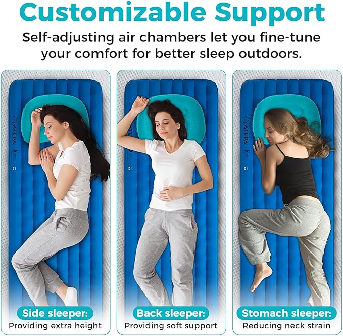 ATEPA Inflatable Camping Pillow, Ultralight Waterproof Travel Pillow with Ergonomic Support & Leak-Proof Air Valve, Compact Portable Pillow for Hiking Backpacking Tent Airplane Beach, Blue