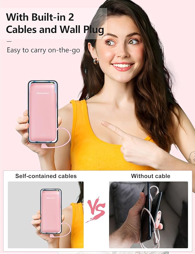 Portable Charger Power Bank with Built-in Cable & AC Plug, 10000mAh Fast USB-C Charger, Slim Mini Battery for iPhone 16/15/14/13/Pro/Max & All USB-C Devices