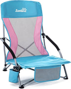Lamberia Folding Beach Chair for Adults, Portable Low Beach Chairs with 300lbs Capacity, Lightweight Fodable Camping Chair for Travel, Picnic, Concert & Outdoor Activities, Blue-Pink