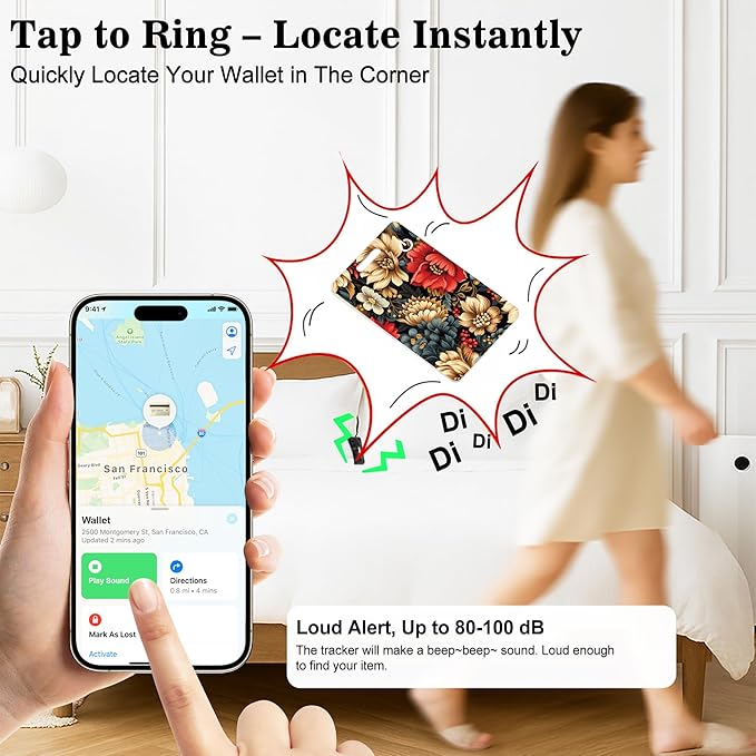 Wallet Tracker Card (iOS Only), Rechargeable Bluetooth Smart Tracking for Apple Find My Compatible Anti Tracker for Men Women Slim Item Locator for Purse Passport Key Luggage Tag (1Pcs/Golden FLR)
