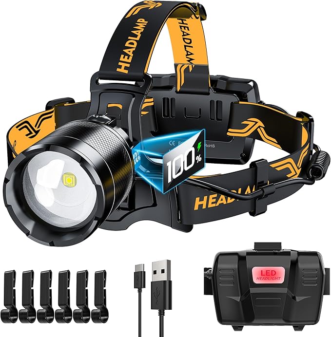 Bright Headlamp Zoomable Motion Sensor Warning Light, 8 Modes 80 Hours Standby Time Head Lamp, IP65 Waterproof 125°Angle Head Lights for Hunting Hiking Camping Emergency