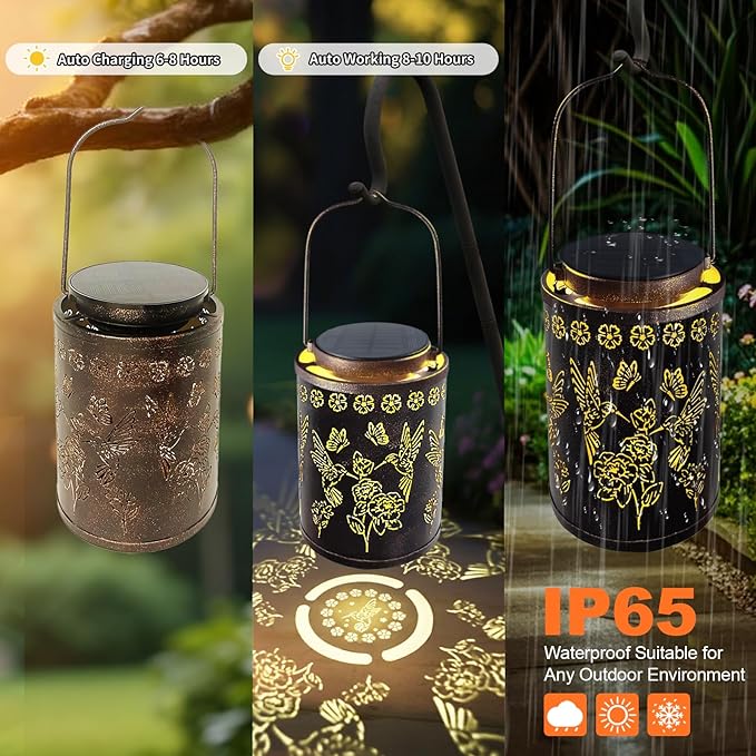 Upgraded Solar Hummingbird Lights for Outside Garden Decor Gifts for Women Mom Grandma, Metal Hanging Solar Lanterns Outdoor Waterproof with Copper Finish Lantern for Patio, Yard, Porch, Pathway