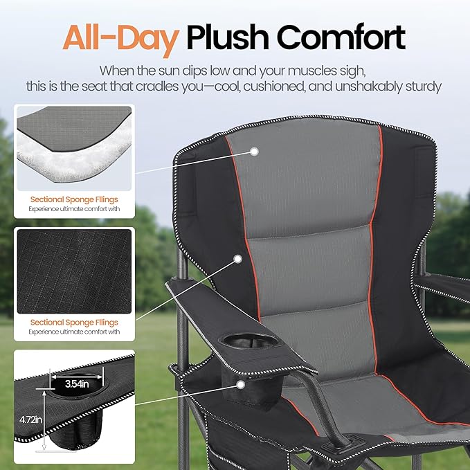 2 Pack Heavy Duty Oversized Camping Chair for Adults 400lbs w/Lumbar Support - Folding Chairs with Side Pocket, Cup Holder & Cooler Bag for Beach, Fishing, Lawn, Backyard Black