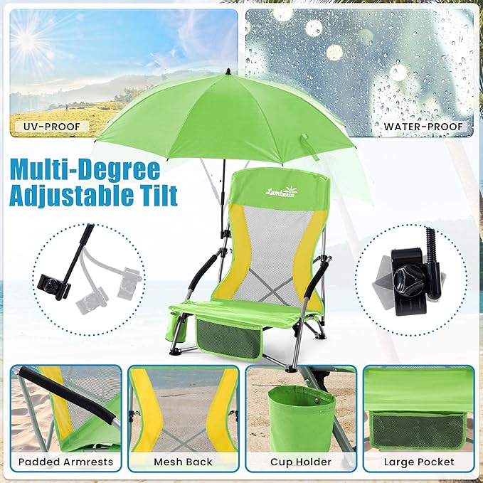 Folding Beach Chair with Umbrella for Adults, 2 Pack Portable Low Beach Chairs with 300lbs Capacity, Lightweight Fodable Camping Chair for Travel, Picnic, Concert & Outdoor Activities,Green-Yellow
