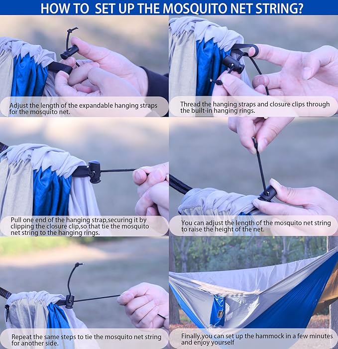 Camping Hammock, Portable Hammocks with Mosquito Net,Lightweight Nylon Parachute Hammock with 10ft Tree Straps,Camping Gear Must Haves for Travel Hiking Backpacking Beach Patio-Blue&Grey
