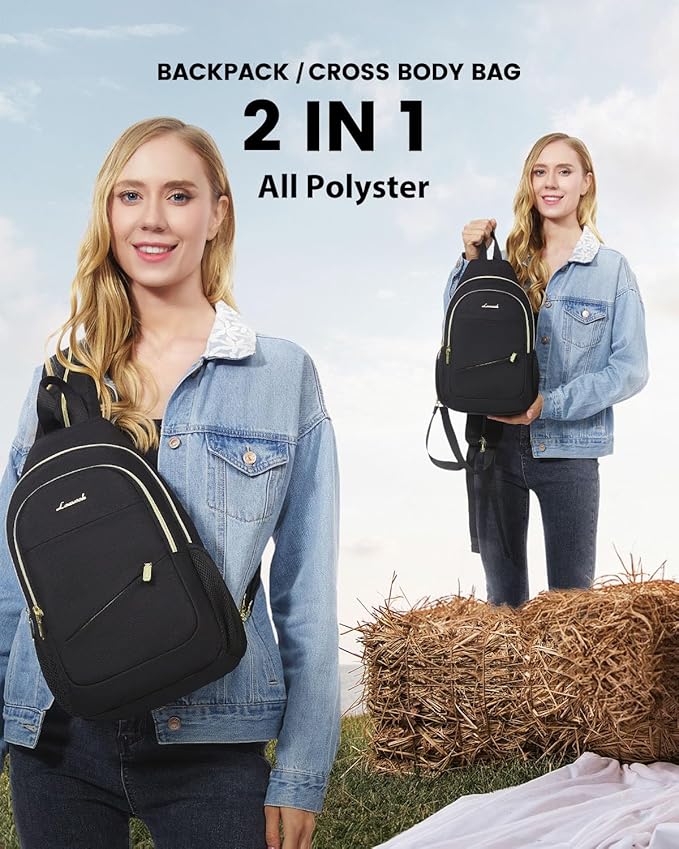 LOVEVOOK Sling Bag for Women, Sling Backpack Crossbody Bag Convertible, Small Diaper Bag Hiking Daypacks Water-resistant, Travel Shoulder Bag Chest Bag, All Polyester Black