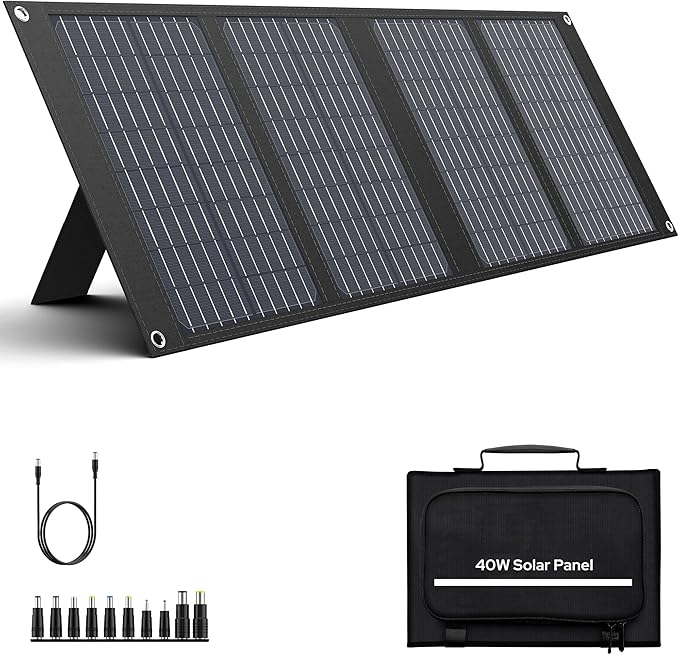Apowking Portable Solar Panels 40W, Foldable Solar Panel Charger for 100-300W Portable Power Station, with Adjustable Kickstands, DC 18V Output, USB 3.0 and Type-C Ports for Camping Van RV Trip