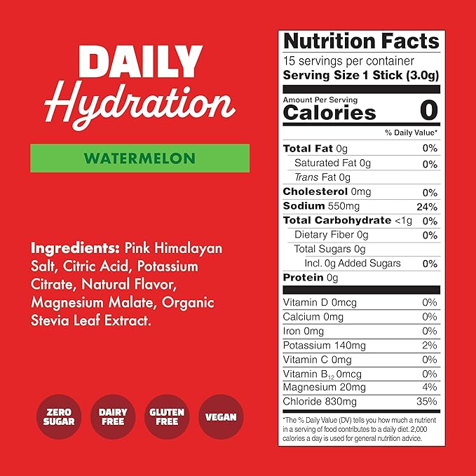 Waterboy Daily Hydration | 1,570mg Electrolyte Powder Packets | No Sugar, All Natural, Gluten Free, Zero Calories | 15 Drink Stick Mixes (Watermelon)