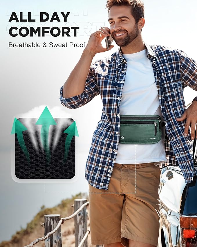 VULKIT Money Belt for Travel, Hidden Passport Holder, Anti-Theft Travel Wallet Under Clothes, RFID Blocking Waist Pouch, Undercover Fanny Pack, Deep Teal