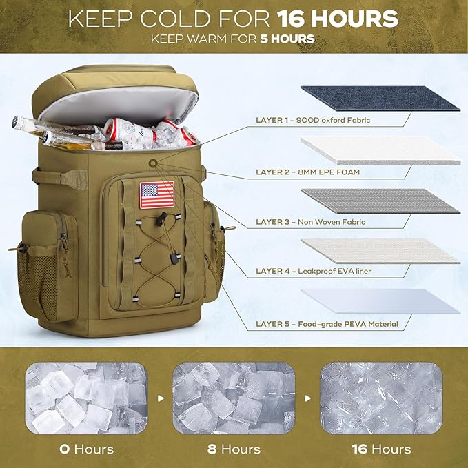 Maelstrom Backpack Cooler,Soft Lightweight Leakproof Tactical Cooler Backpack,35 Can Insulated Cooler Bag,Keeps 35 Cans Hot/Cold for Up to 16 Hours,Waterproof Lunch Bag for Men Women-Khaki