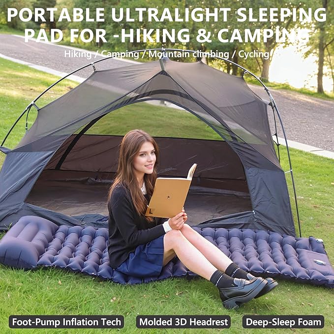 Camping Sleeping Pad - Ultralight Sleeping Mat with Pillow Built in Foot Pump Inflation Sleeping Pad for Hiking Traveling Camping Mountaineering Cycling