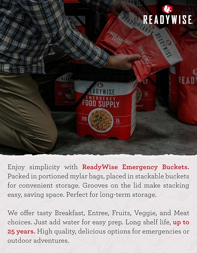 ReadyWise Emergency Food Supply - 144 Servings Freeze Dried Powdered Eggs Bucket, Protein Meals, Survival Food, Backpacking, Camping Essentials & Emergency Prepping Supplies, up to 10 Year Shelf Life