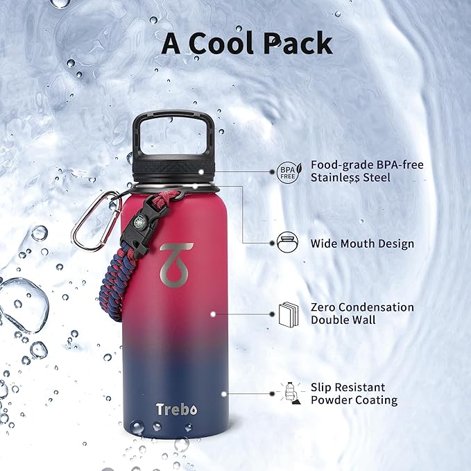 Trebo 32oz Water Bottle Insulated with Paracord Handle and Straw,Vacuum Double Wall Stainless Steel Water Jug Keep Cold 48 Hours, Water Flask with 3 Lids for Men Women Sports,Travel,Ruby Red