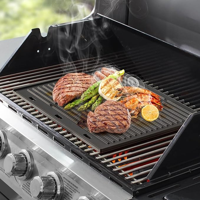 Onlyfire Universal Cast Iron Griddle, Reversible Cooking Griddle for Gas/Charcoal Grills, 17.9" x 13.8"