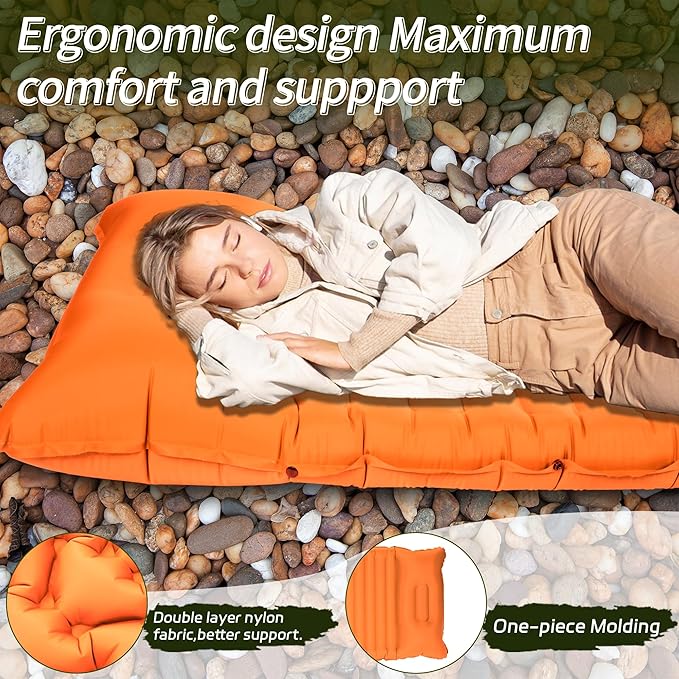 40D Self-Inflating Camping Pad, Insulated Ultralight Sleeping Mat for Backpacking, Winter Camping, 2-Layer Anti-Leak Design w/Built-in Pillow, Foot Pump Foldable Pad, Orange Red