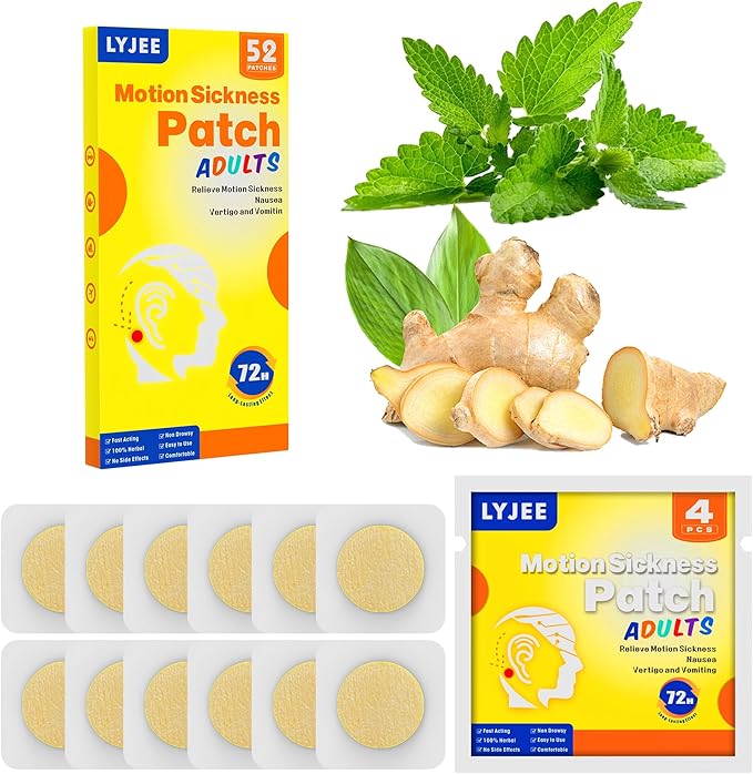 LYJEE Motion Sickness Patches: 52 Pcs Sea Sickness Patch for Cruise - Non Drowsy Sea Sickness Patch - Waterproof Motion Sickness Patches for Cruise - Fast Acting & Long Last 72H (13 Packs)