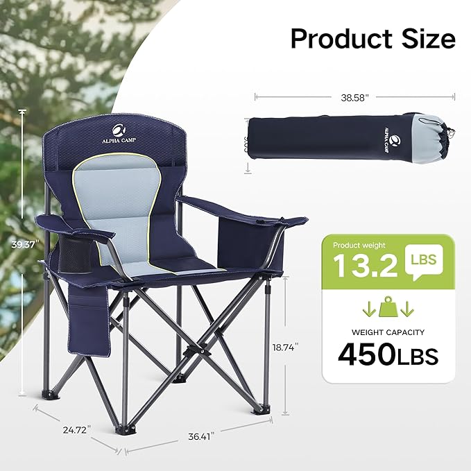 GREEN PARTY Folding Camping Chair Oversized Heavy Duty Lawn Chair with Cooler Bag, Cup Holder, Storage Pocket, Collapsible Padded Outdoor Arm Chair, Quad Lumbar