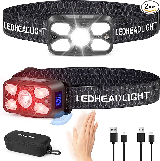 Rechargeable Headlamp,2 Pack 2500 Lumen Bright 5 Led Headlamp,14 Modes Adjustable Motion Sensor Headlight with Red Light for Adults& Kids,USB C Waterproof Head Flashlight for Outdoor Hiking