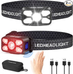 Rechargeable Headlamp,2 Pack 2500 Lumen Bright 5 Led Headlamp,14 Modes Adjustable Motion Sensor Headlight with Red Light for Adults& Kids,USB C Waterproof Head Flashlight for Outdoor Hiking