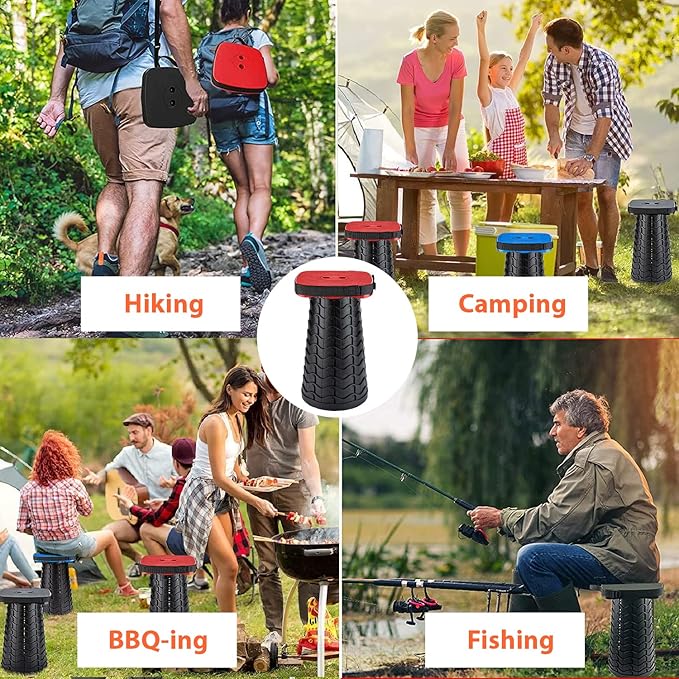 Portable Collapsible Stool Set - Heavy Duty Square Collapsible Stool + Thick Seat Cushion - 550lbs Load Capacity for Camping Travel Picnic Gardening (Red/Black)