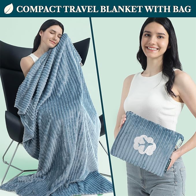 PAVILIA Travel Blanket Pillow in Soft Bag with Pockets, Airplane Blanket Set, Plane Blanket Compact Packable, Flight Essentials Car Pillow, Travelers Accessories Gifts, Luggage Strap, Dusty Light Blue