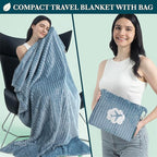 PAVILIA Travel Blanket Pillow in Soft Bag with Pockets, Airplane Blanket Set, Plane Blanket Compact Packable, Flight Essentials Car Pillow, Travelers Accessories Gifts, Luggage Strap, Dusty Light Blue