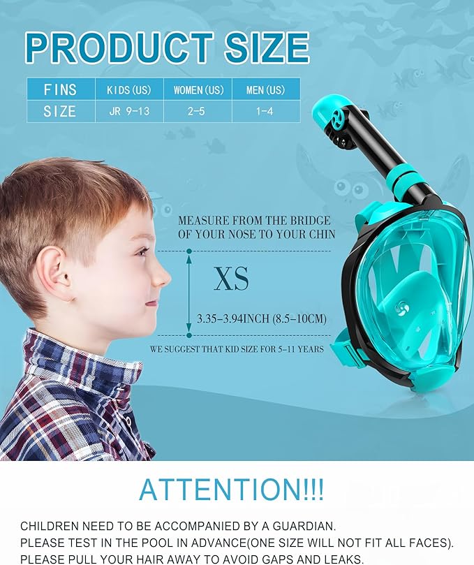 Snorkeling Gear for Kids Teens, Full Face Snorkel Mask & Adjustable Swim Fins Snorkel Set, Panoramic View Snorkel Mask with Dry Top System & Gear Bag, Anti-Fog Anti-Leak