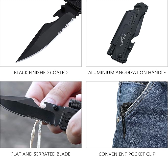 ALBATROSS 6-in-1 Survival Tactical Military Folding Pocket Knives with LED Light,Seatbelt Cutter,Glass Breaker,Magnesium Fire Starter,Bottle Opener;Multi-Function Emergency Tool(Black)