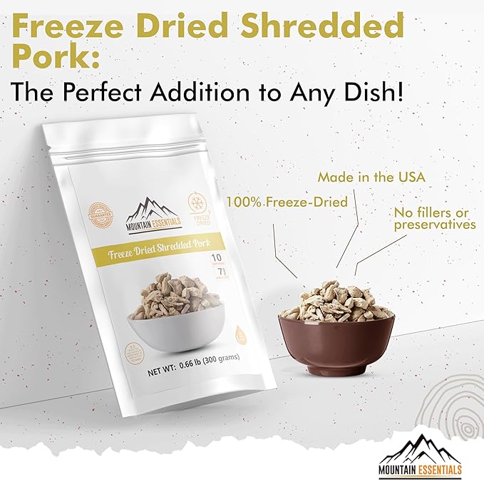MOUNTAIN ESSENTIALS Freeze-Dried Shredded Pork – Fully Cooked, Ready-to-Eat Meat | 10 Servings per Pouch | 7-Year Shelf Life | Ideal for Daily Meals, Camping, Emergency Preparedness & Survival | Made in USA | Pack of 1