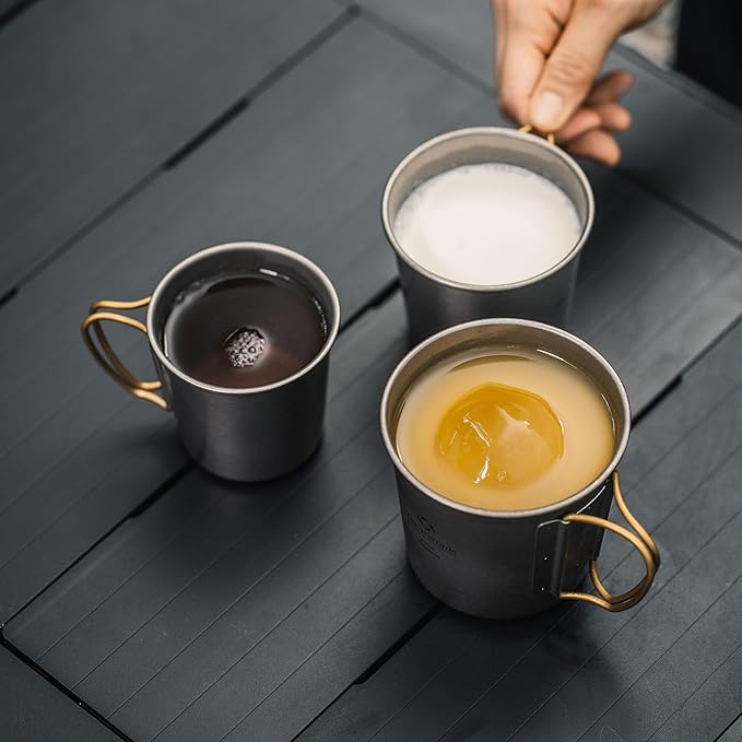Titanium Mug, 450ml 15oz, Camping Coffee Cup with Foldable Handle and Lid, Lightweight Cup for Outdoor Backpacking Hiking
