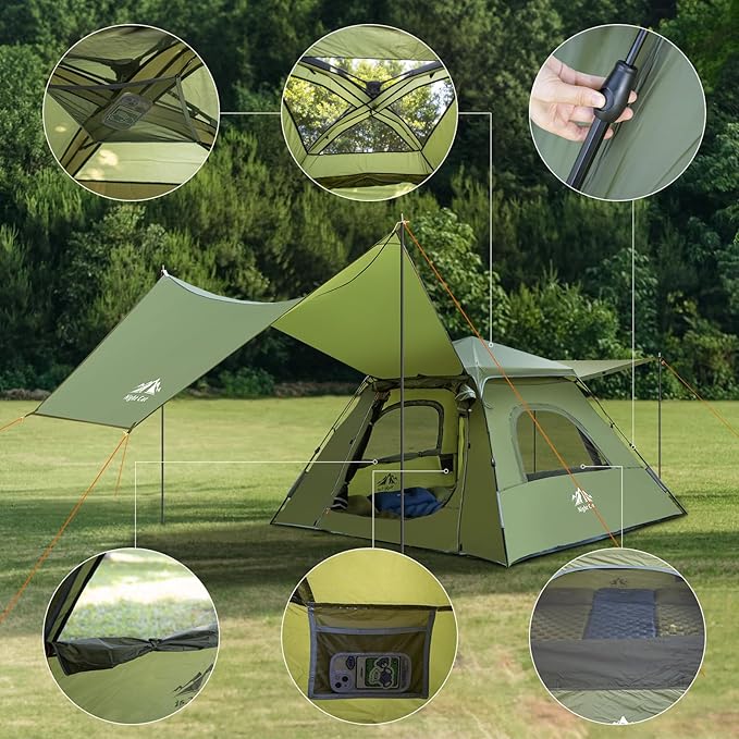 Night Cat Instant Cabin Tent with Canopy Tarp 3 Persons Waterproof Pop Up Tent for Family Camping 2 in 1 Canopy Tent with Porch Automatic Easy Set Up Outdoor
