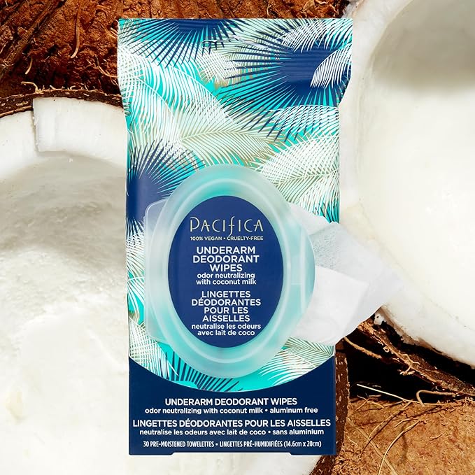 Pacifica Deodorant Wipes - Coconut Scented Body Wipes, Aluminum-Free After Workout Underarm Deodorant, Helps Fight Body Odor, Travel, Summer, Long Flight, and Gym Essentials for Men and Women - 30 pcs