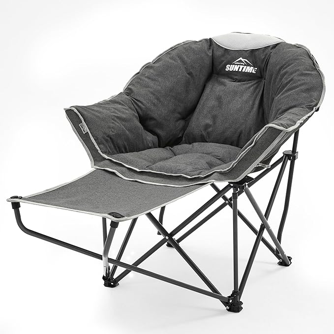 OUTDOOR LIVING SUNTIME Oversized Padded Comfy Camping Chair with Removable Footrest， Weight Capacity 400 LBS, Heavy Duty Moon Round Leisure Folding Chair for Camping, Hiking, Carry Bag, Gray