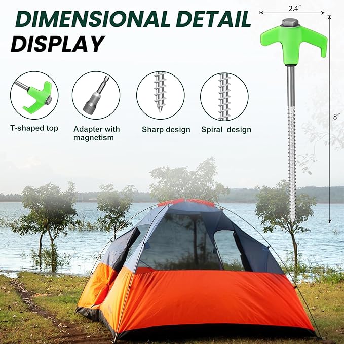 20 Pack 8" Screw in Tent Stakes Heavy Duty- Ground Anchors Screw- Tent Pegs Camping Stakes- Hex Pegs Drillable Tent Stakes and Hexagon Head Drive and Storage Box (Green)