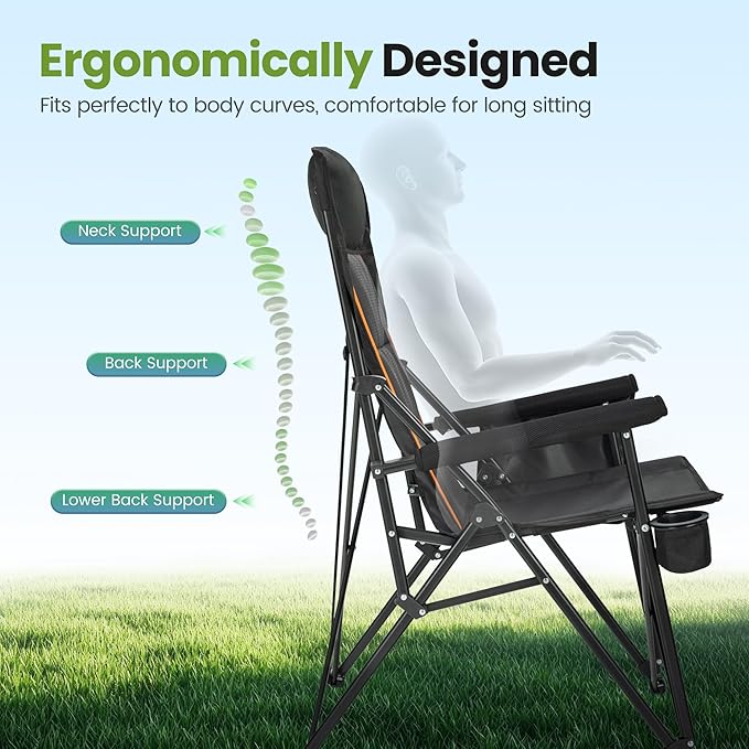 HIGH POINT SPORTS Oversized Folding Camping Chairs for Adults, High Backrest Heavy Duty Lawn Chairs Support 500 LBS Portable Collapsible Camp Chairs with Cup Holders,Side Pocket, 2 Pack, Black