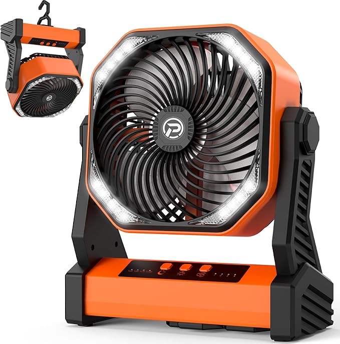 PANERGY Portable Camping Fan with Light, 20000mAh Rechargeable Battery Operated Outdoor Fan, 4 Speeds, 270° Pivoting & 360°Foldable Hook for Camping/Beach/Patio